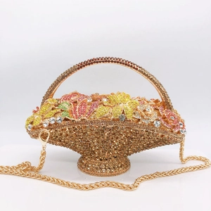 Macro shot of handcrafted flower basket clutch featuring vibrant multi-color crystal inlay