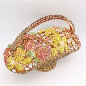 Detail of floral crystal evening bag featuring multi-colored rhinestones and basket handle