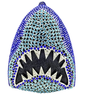 Macro detail of luxury shark evening bag featuring intricate blue and white rhinestone setting