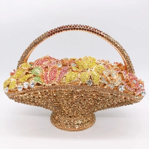 Detailed close-up of crystal-encrusted flower basket clutch with multicolored rhinestones