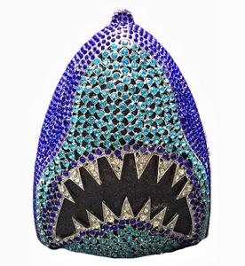 Detailed close-up of shark-shaped evening bag with shimmering blue and silver rhinestones