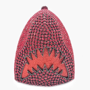 Macro detail of red rhinestone shark clutch evening bag with glitter mouth design
