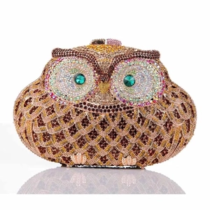 Luxuriöse Eulen-Abendtasche mit bunten Strasssteinen und grünen Edelstein-Augen