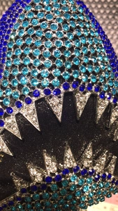 Shark-shaped evening clutch bag featuring blue and white rhinestones for formal events