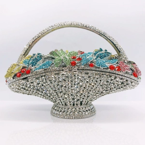 Detailed macro of crystal basket clutch with multi-colored floral rhinestone patterns