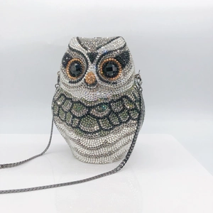 Sparkling owl-shaped evening clutch bag with multicolored rhinestones and chain strap