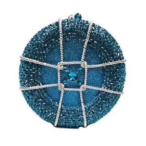 Luxurious blue round dinner bag with sparkling crystals and silver twisted metal frame