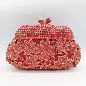 Exquisite crystal evening clutch bag with pink clover rhinestone pattern and metal clasp