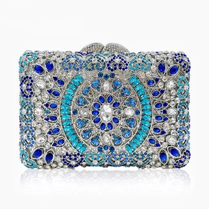 Elegant rhinestone evening clutch with blue floral mandala crystal pattern on hard shell