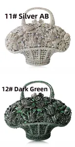 Detail of basket clutch bags in silver AB and dark green rhinestone floral patterns