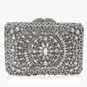 Sparkling silver rhinestone clutch bag with geometric floral patterns and metal box frame