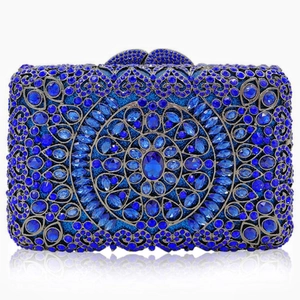 Royal blue rhinestone evening clutch bag with intricate floral metal frame and crystal clasp