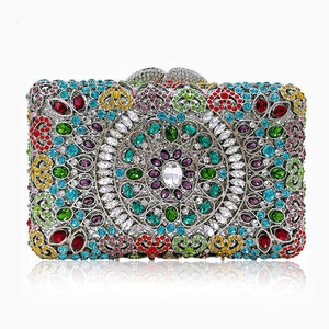Detailed close-up of a hollow metal evening clutch with colorful rhinestones and jewels