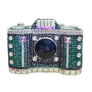 Sparkling camera-shaped crystal evening clutch bag with emerald and black rhinestones