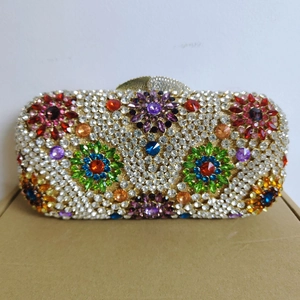 Elegant rectangular evening clutch bag encrusted with colorful floral crystal rhinestones