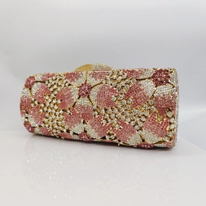 Elegant rectangular floral rhinestone clutch bag with pink crystals and gold clasp