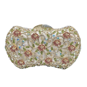 Luxury Rhinestone Evening Bag Metal Hollow Out Rose Floral Pattern Banquet Party Clutch Purse For Women
