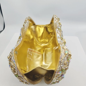 Luxury gold hollow metal evening clutch bag with sparkling colorful rhinestones