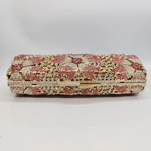 Pink and white cherry blossom rhinestone evening clutch bag with gold metal frame