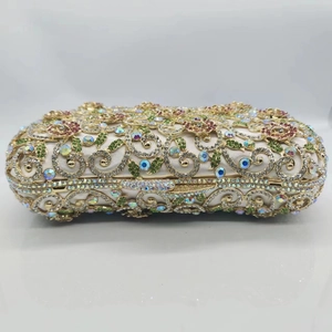 Luxurious hollow metal evening clutch with colorful floral crystals and rhinestones