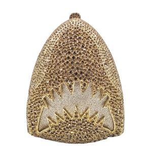 Sparkling crystal shark-shaped evening clutch bag in champagne gold with rhinestone details