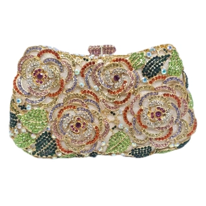 Luxury metal frame evening clutch bag with multicolored floral rose crystal embellishments
