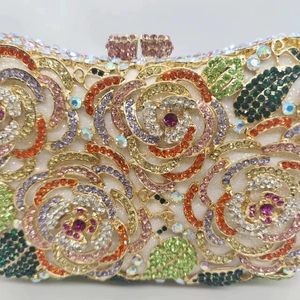 Luxury rose crystal evening clutch bag with multicolored rhinestones and gold metal frame