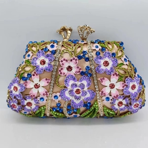 Luxury Enamel Floral Rhinestone Evening Clutch Bag Metal Frame Hollow Out Party Handbag For Women
