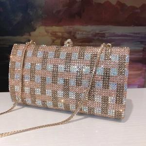 Elegant checkered crystal evening clutch bag with champagne rhinestones and chain strap