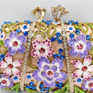 Elegant gold evening clutch with 3D enamel flowers and colorful crystals for banquet