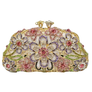 Luxury Hollow Metal Floral Evening Clutch Bag With Colorful Rhinestones For Women Party Banquet Elegant Hard Shell Bag