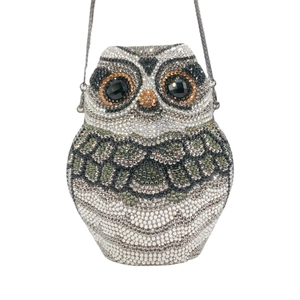 Exquisite owl evening clutch bag with sparkling multi-colored rhinestones and metal chain
