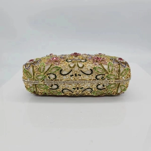 Luxury floral hollow clutch bag with colorful rhinestones and gold metal frame