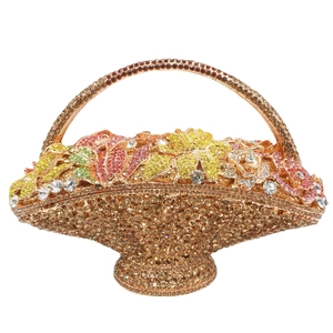 Luxurious flower basket clutch bag with gold rhinestones and colorful floral patterns