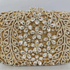 Luxurious gold floral evening clutch bag encrusted with sparkling crystals and rhinestones