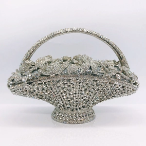 Silver basket-shaped evening clutch bag encrusted with rhinestones for elegant formal events