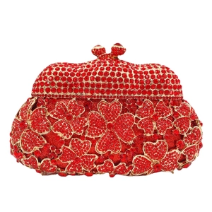 Elegant red crystal heart-shaped evening clutch bag with luxury gold metal frame