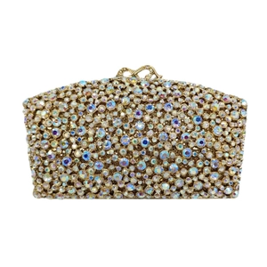Luxurious gold metal evening clutch bag with sparkling AB rhinestones for formal events