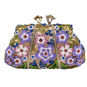 Champagne floral evening clutch bag with colorful enamel petals and sparkly crystals
