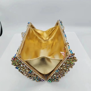 Luxury gold hollow out metal evening clutch bag with colorful rhinestones for gala dinner