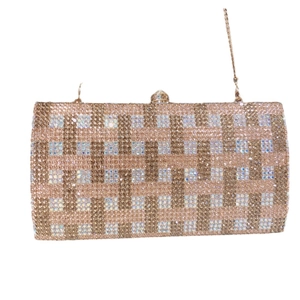 Sparkling crystal evening clutch bag with champagne and silver rhinestone checkered pattern