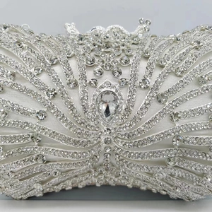 Luxury crystal evening clutch bag with white satin base and feather diamond pattern