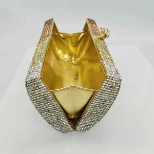 Luxury gradient crystal evening clutch with silver to gold rhinestones and metal lining