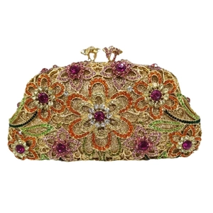 Floral rhinestone evening clutch bag with colorful crystals and gold metal frame