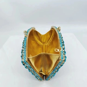 Luxury owl-shaped evening clutch bag encrusted with blue rhinestones and gold lining