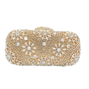 Champagne gold luxury evening clutch bag featuring intricate floral rhinestone embroidery