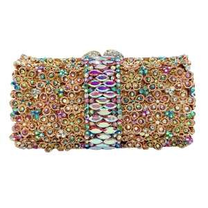 Women Evening Clutch Bag Metal Hard Shell Colorful Rhinestone Flower Crystal Banquet Wedding Party Luxury Purse