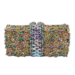 Exquisite hollow gold metal evening clutch bag with colorful floral rhinestones and crystals