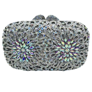 Exquisite hollow floral evening clutch bag with multicolored sparkling crystal encrusting
