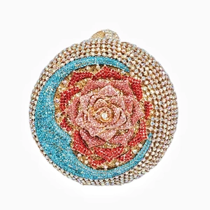Round Evening Clutch Bag Hollow Flower Rose Rhinestone Alloy Luxury Party Banquet Wedding Handbag For Women
